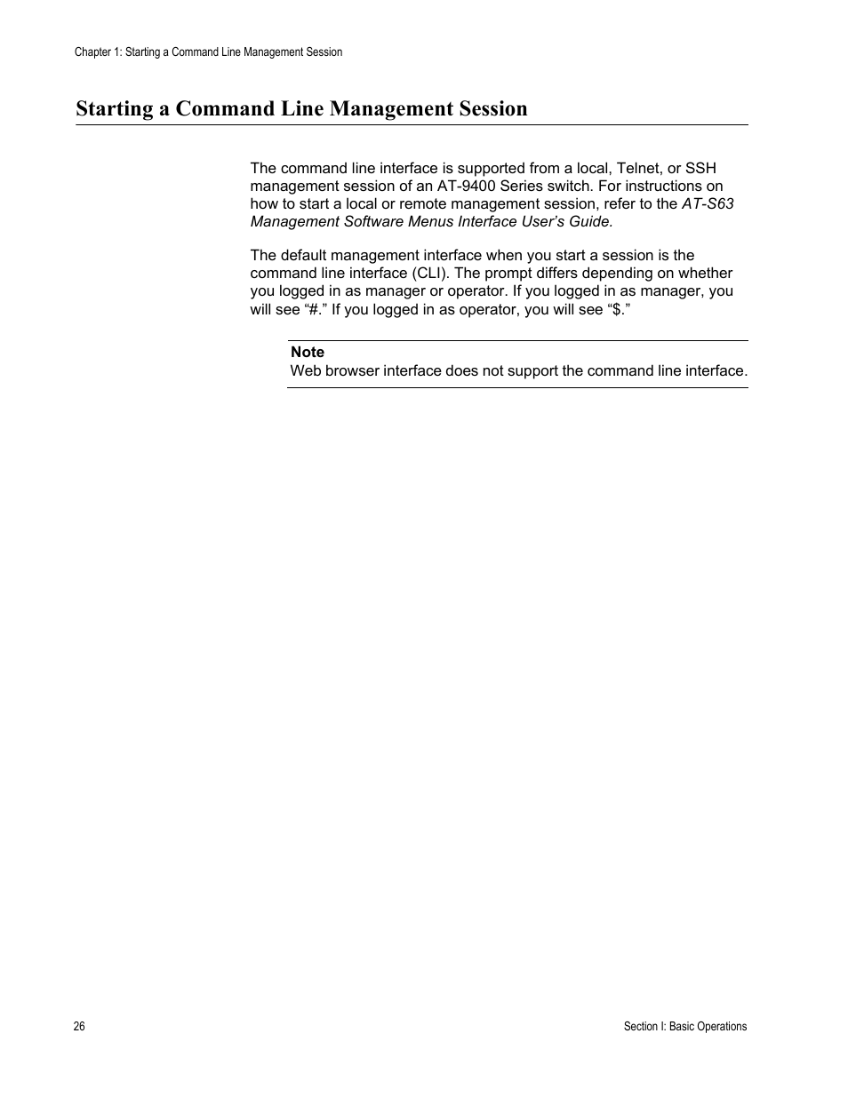 Starting a command line management session | Allied Telesis AT-S63 User Manual | Page 26 / 680