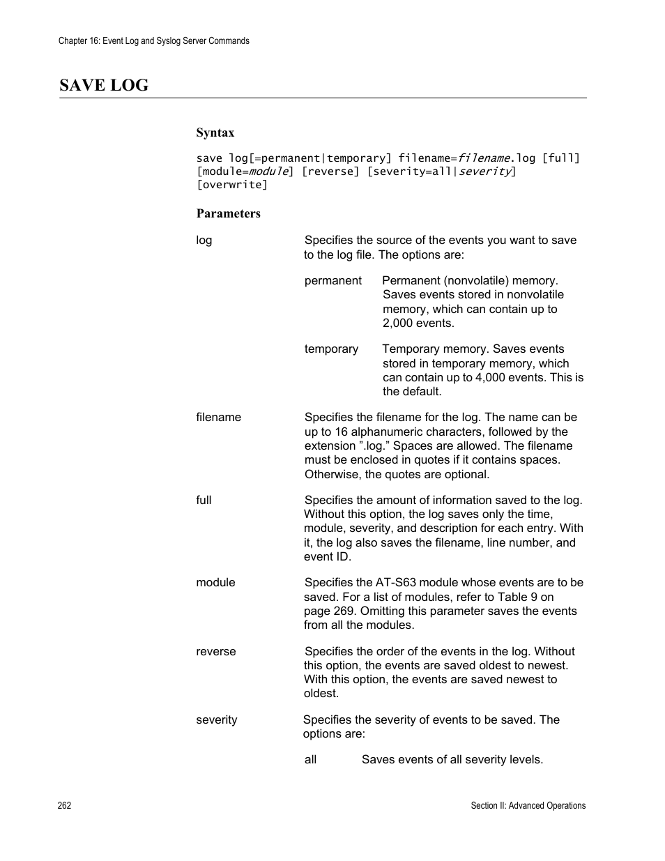 Save log | Allied Telesis AT-S63 User Manual | Page 262 / 680