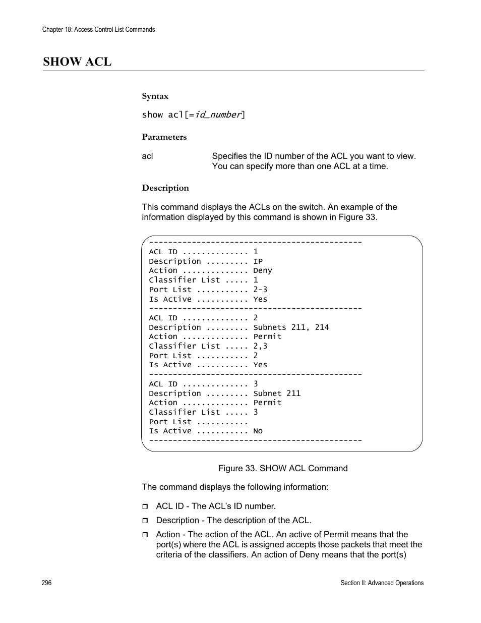 Show acl | Allied Telesis AT-S63 User Manual | Page 296 / 680