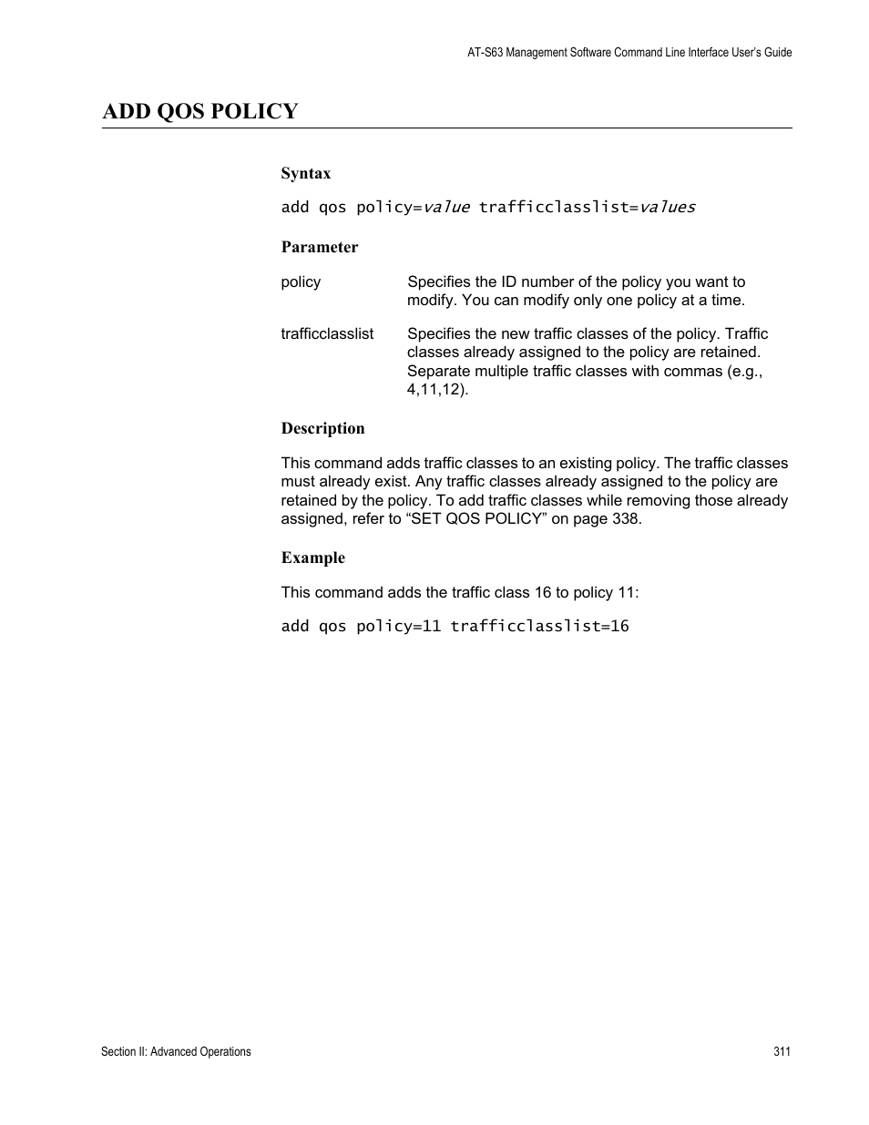 Add qos policy | Allied Telesis AT-S63 User Manual | Page 311 / 680