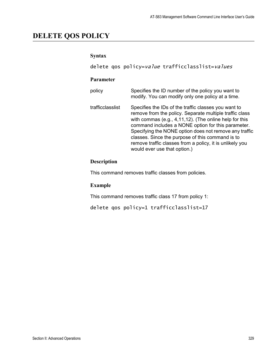 Delete qos policy | Allied Telesis AT-S63 User Manual | Page 329 / 680