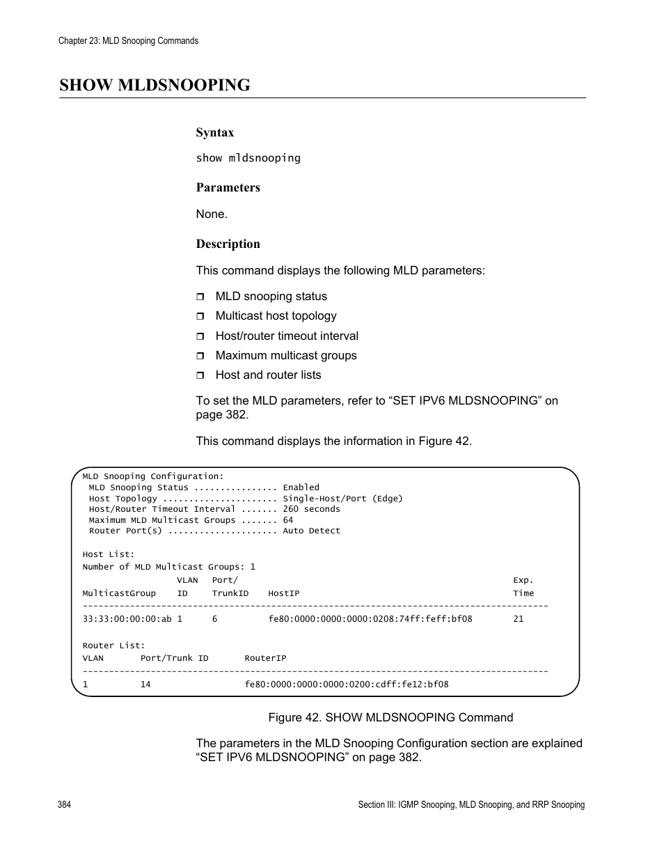 Show mldsnooping, Syntax, Parameters | Description | Allied Telesis AT-S63 User Manual | Page 384 / 680