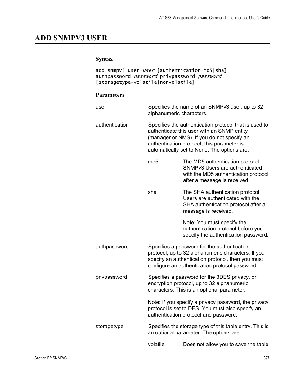 Add snmpv3 user | Allied Telesis AT-S63 User Manual | Page 397 / 680