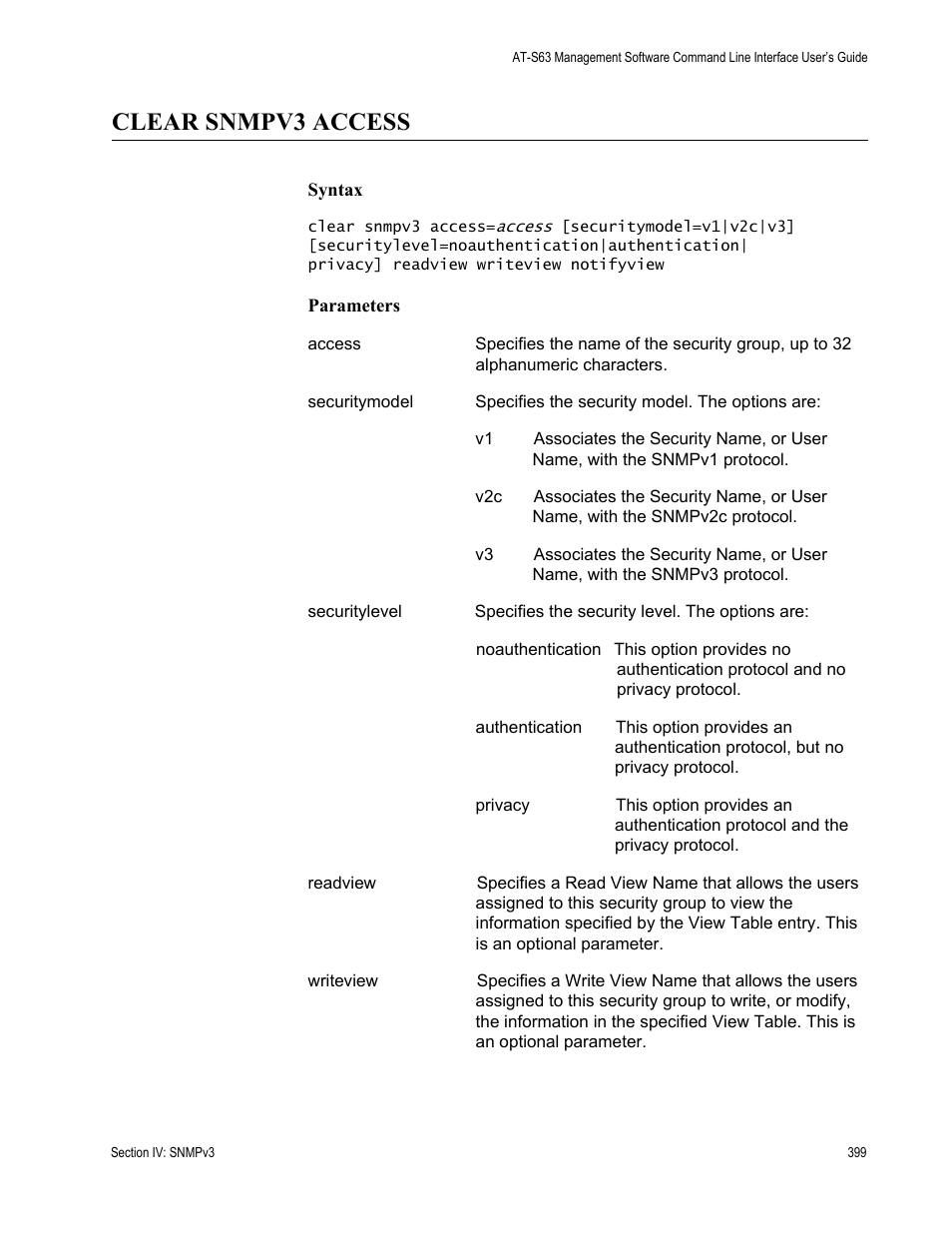 Clear snmpv3 access | Allied Telesis AT-S63 User Manual | Page 399 / 680