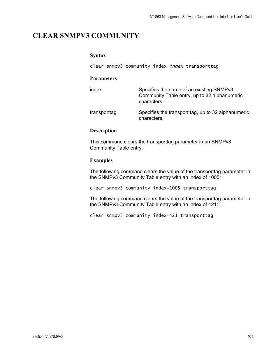 Clear snmpv3 community | Allied Telesis AT-S63 User Manual | Page 401 / 680