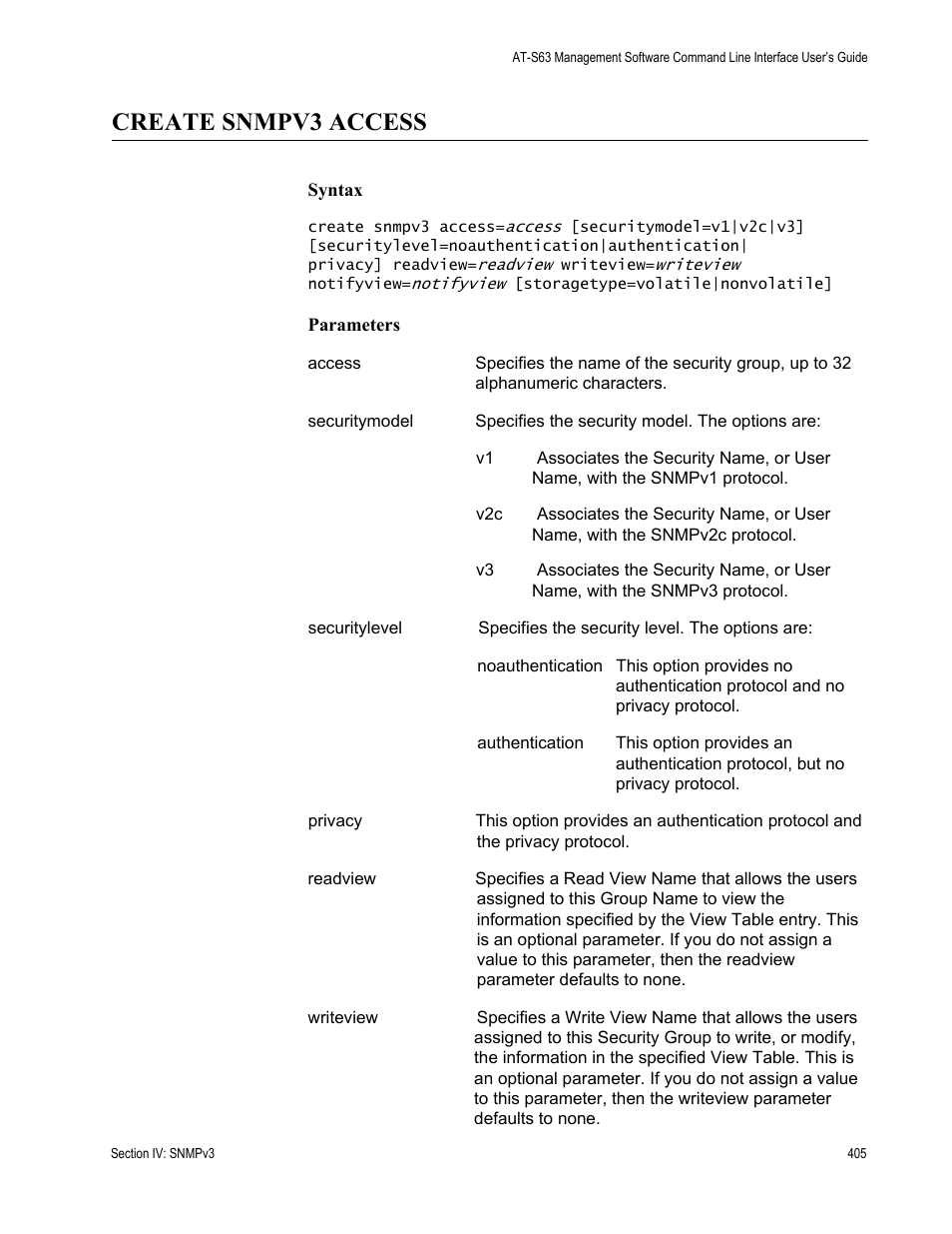 Create snmpv3 access | Allied Telesis AT-S63 User Manual | Page 405 / 680