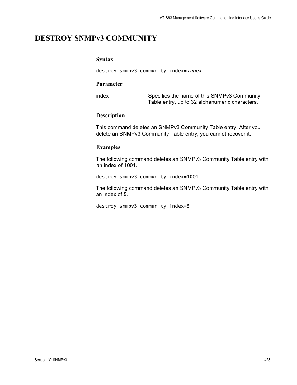 Destroy snmpv3 community | Allied Telesis AT-S63 User Manual | Page 423 / 680