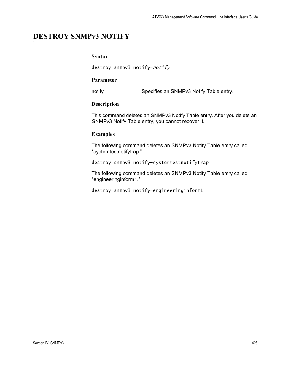 Destroy snmpv3 notify | Allied Telesis AT-S63 User Manual | Page 425 / 680