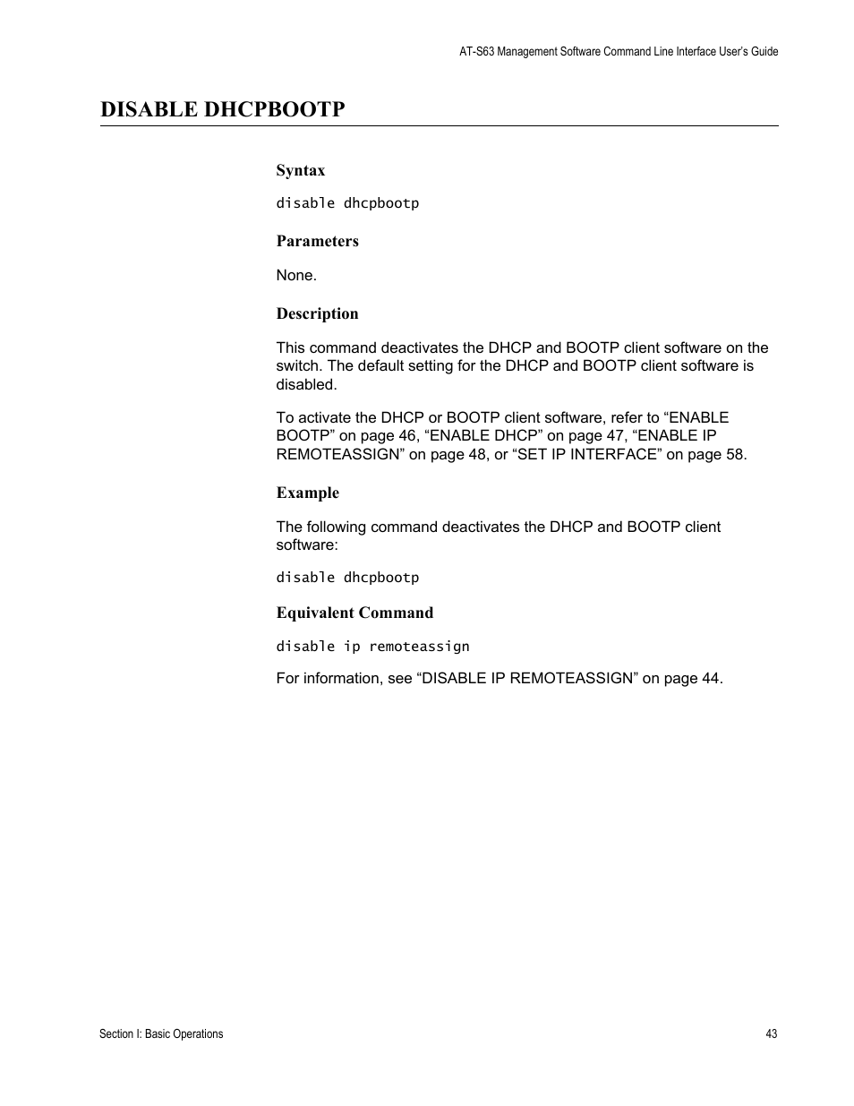 Disable dhcpbootp | Allied Telesis AT-S63 User Manual | Page 43 / 680