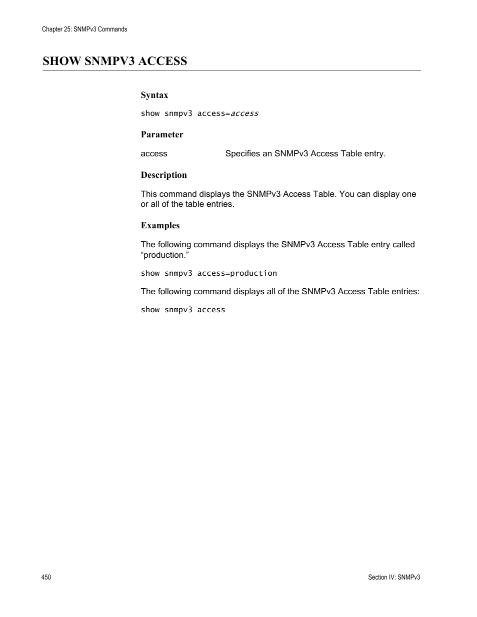 Show snmpv3 access | Allied Telesis AT-S63 User Manual | Page 450 / 680