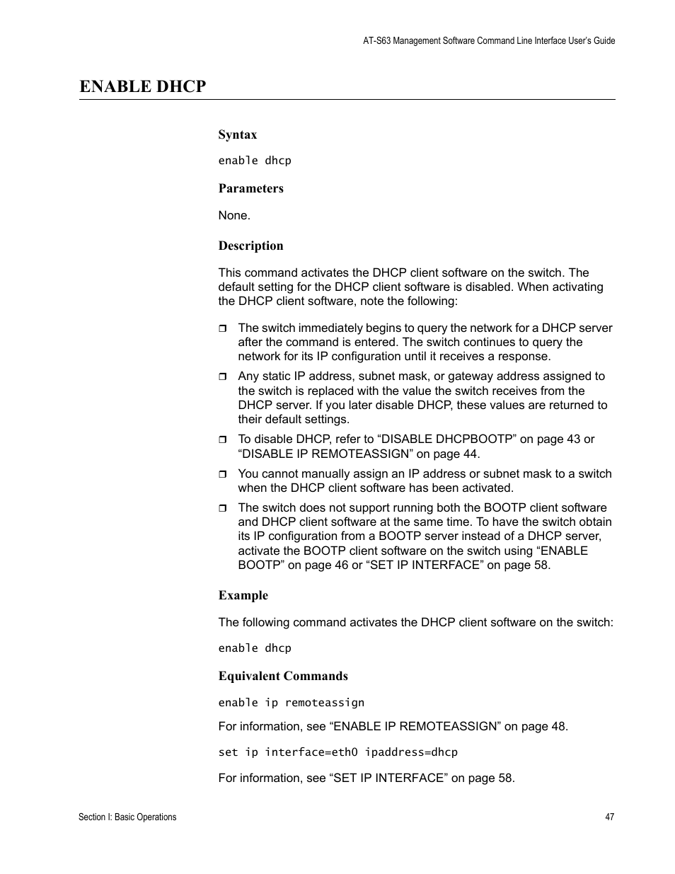 Enable dhcp | Allied Telesis AT-S63 User Manual | Page 47 / 680