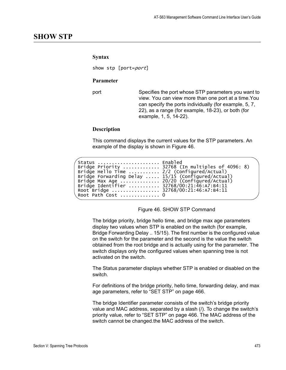 Show stp | Allied Telesis AT-S63 User Manual | Page 473 / 680