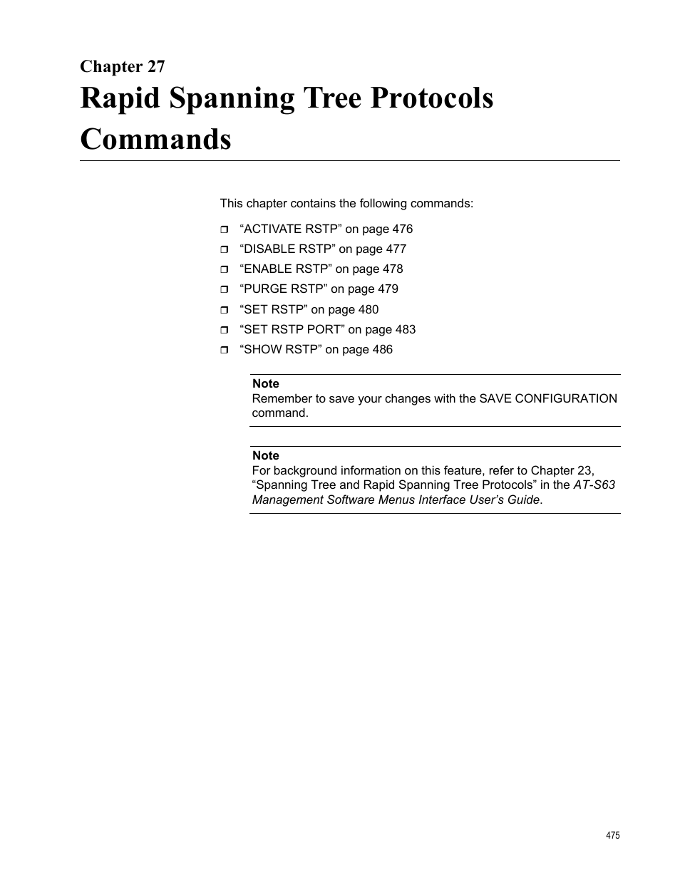 Chapter 27, Rapid spanning tree protocols commands | Allied Telesis AT-S63 User Manual | Page 475 / 680