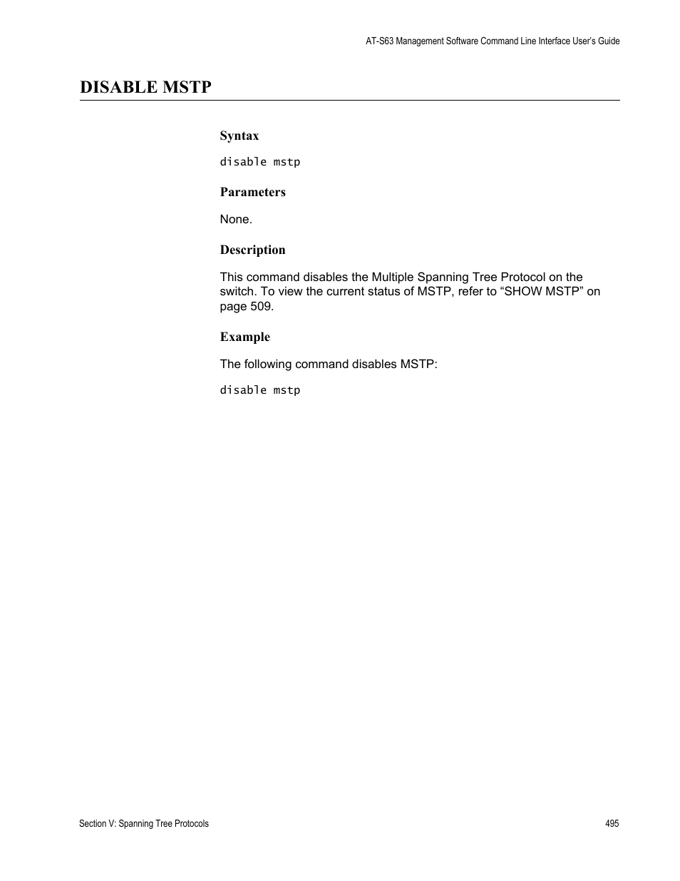 Disable mstp | Allied Telesis AT-S63 User Manual | Page 495 / 680