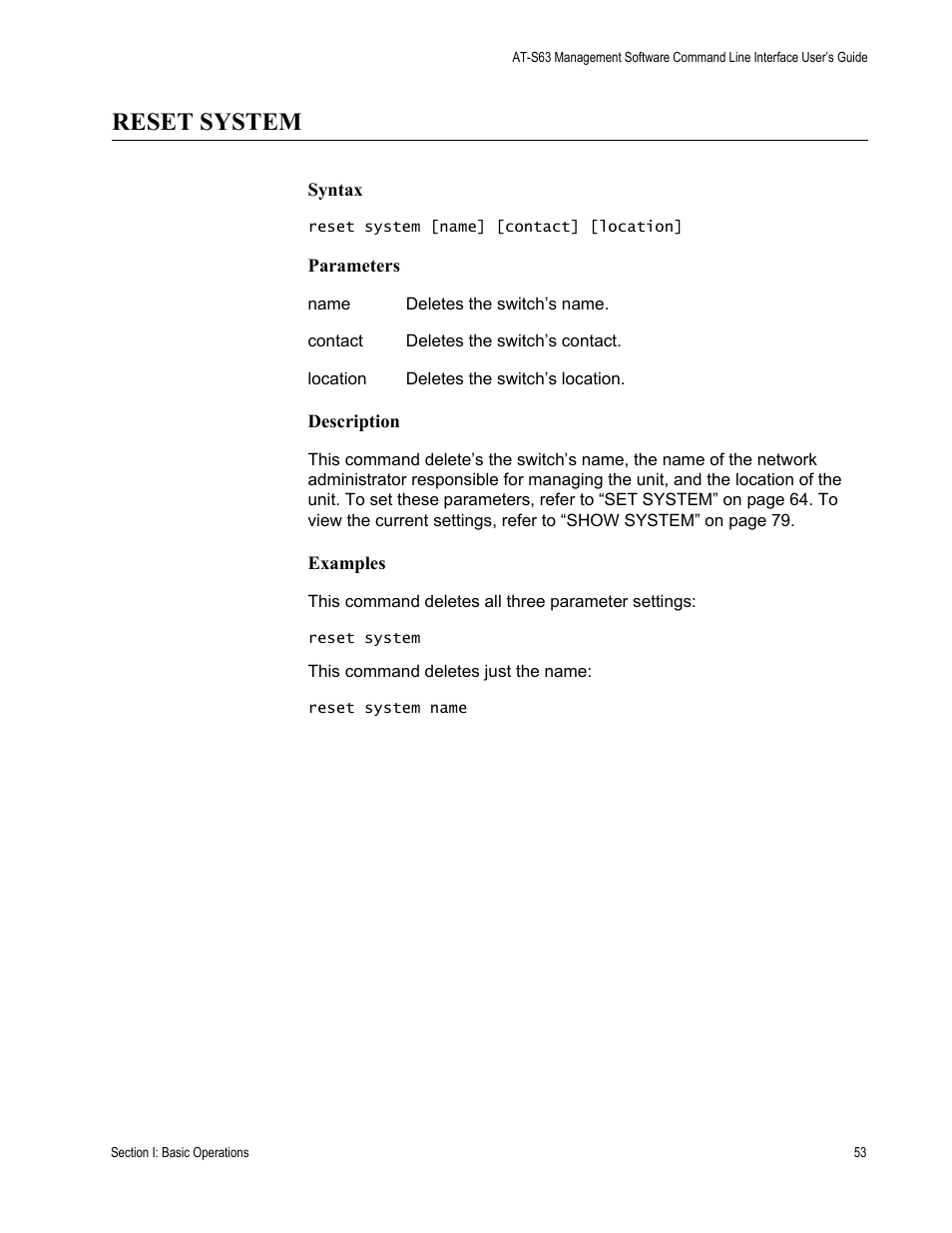 Reset system | Allied Telesis AT-S63 User Manual | Page 53 / 680