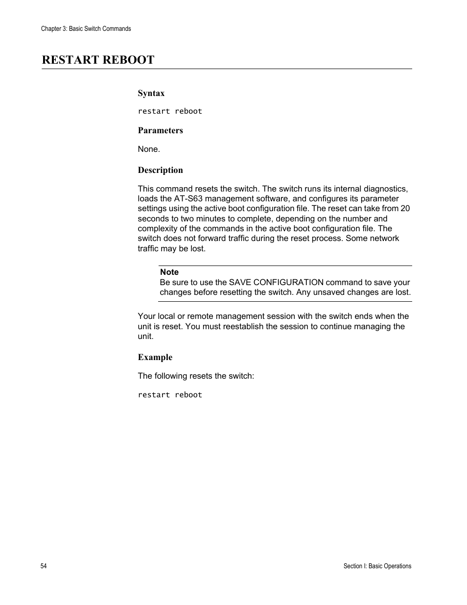 Restart reboot | Allied Telesis AT-S63 User Manual | Page 54 / 680