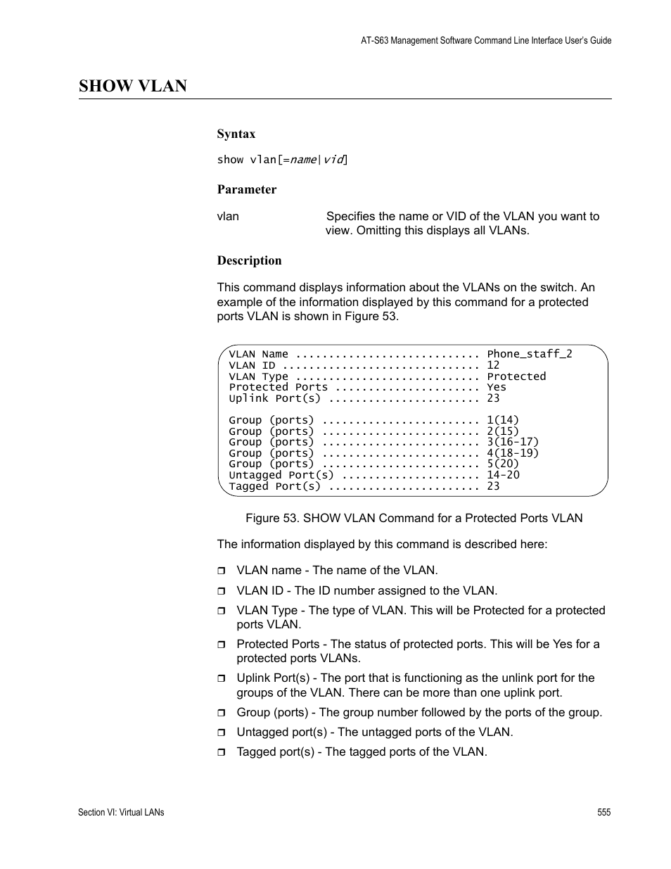 Show vlan | Allied Telesis AT-S63 User Manual | Page 555 / 680