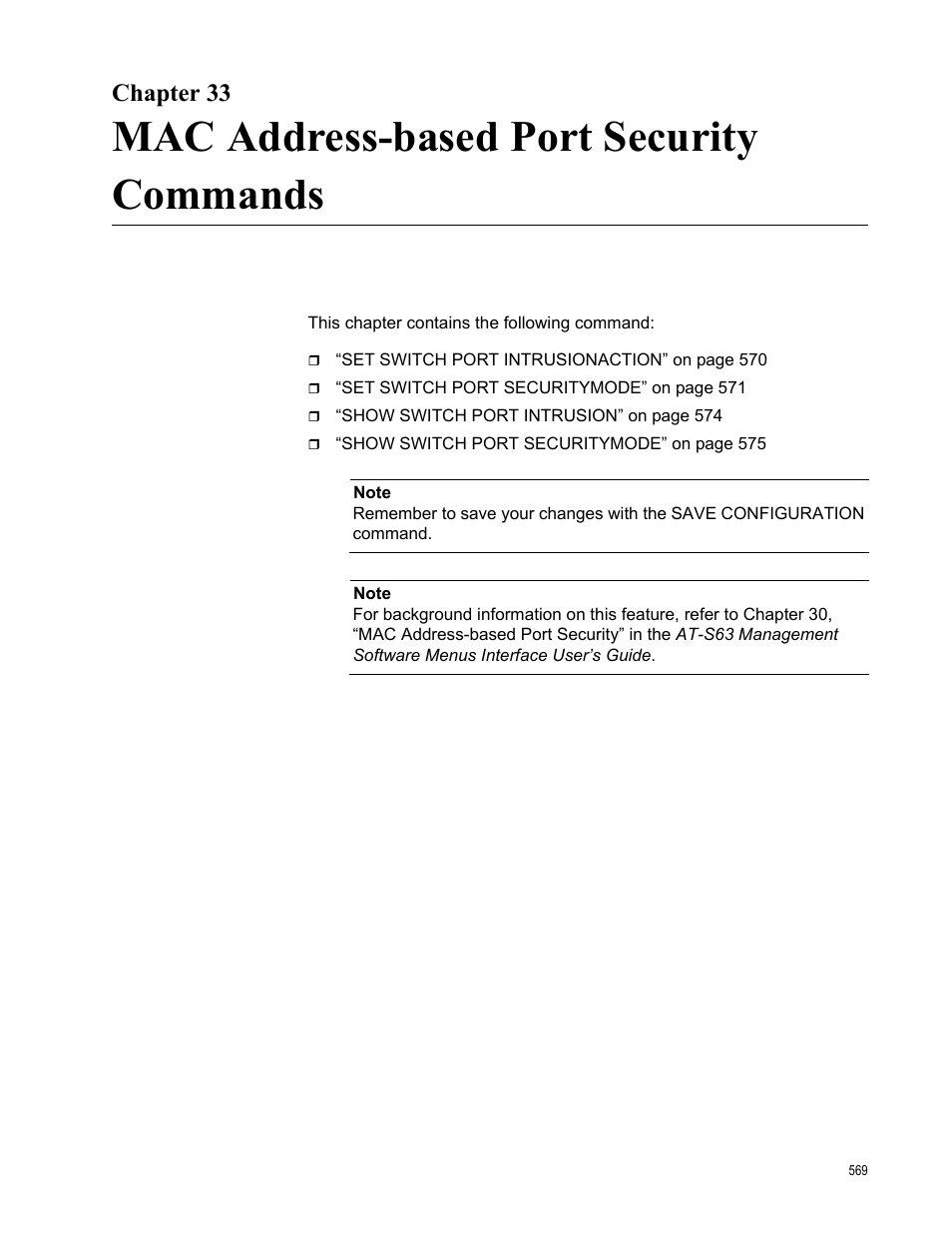 Chapter 33, Mac address-based port security commands | Allied Telesis AT-S63 User Manual | Page 569 / 680