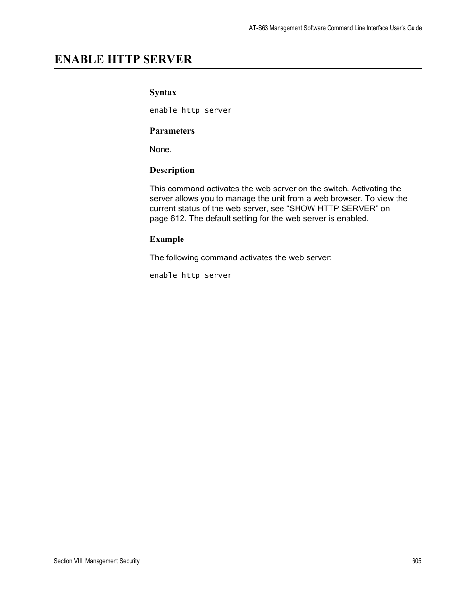 Enable http server | Allied Telesis AT-S63 User Manual | Page 605 / 680