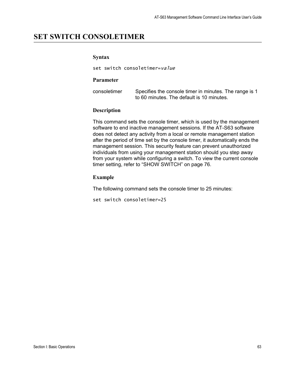 Set switch consoletimer | Allied Telesis AT-S63 User Manual | Page 63 / 680