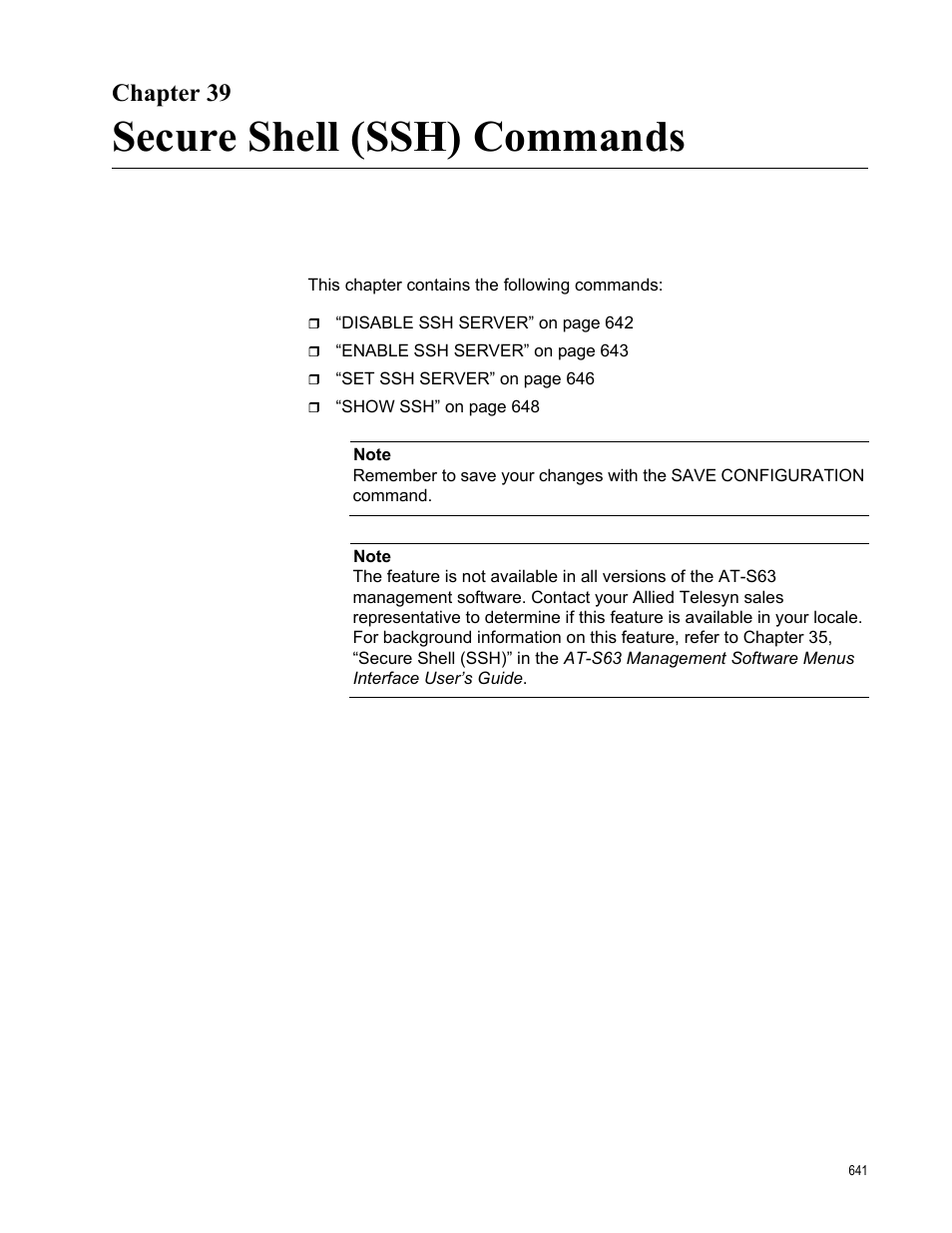 Chapter 39, Secure shell (ssh) commands | Allied Telesis AT-S63 User Manual | Page 641 / 680