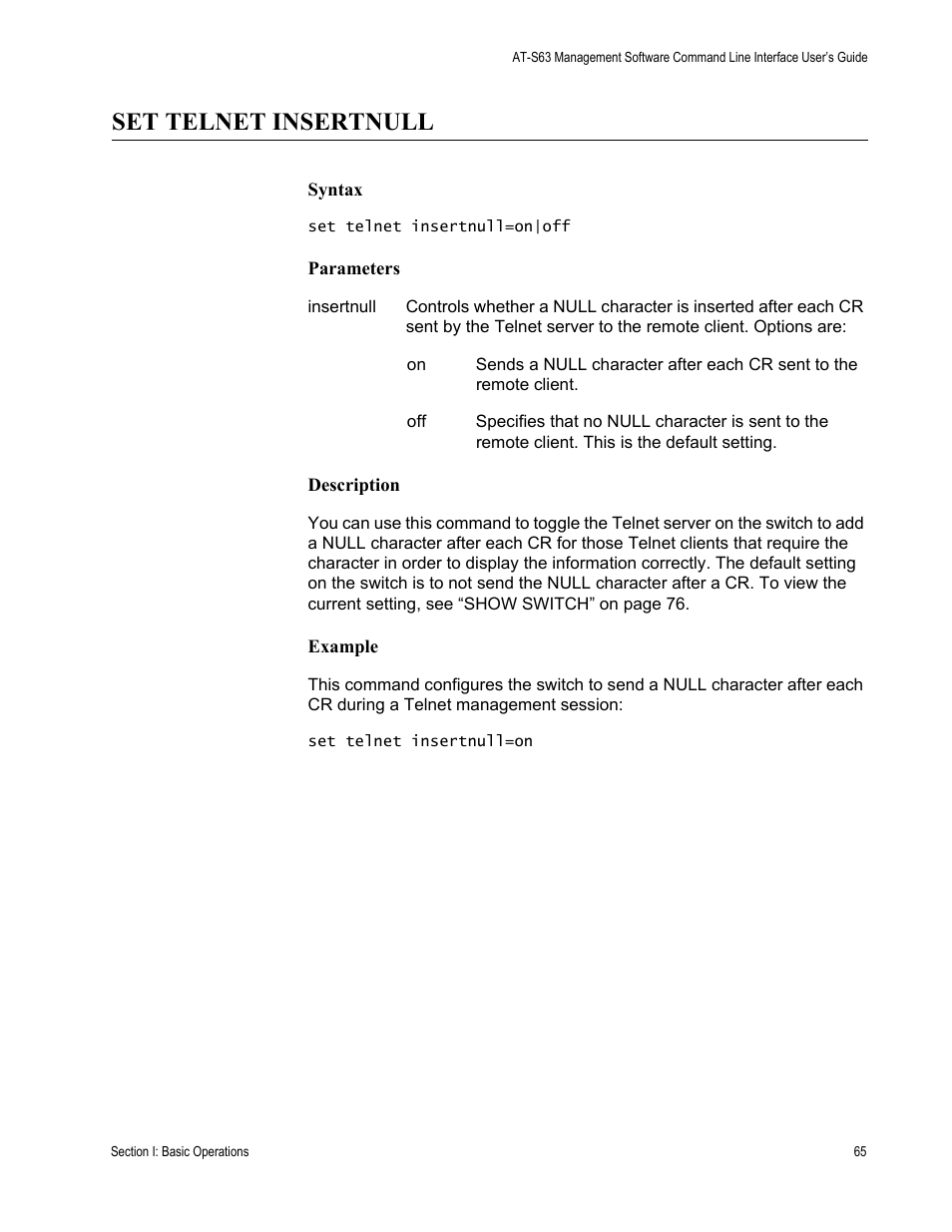 Set telnet insertnull | Allied Telesis AT-S63 User Manual | Page 65 / 680