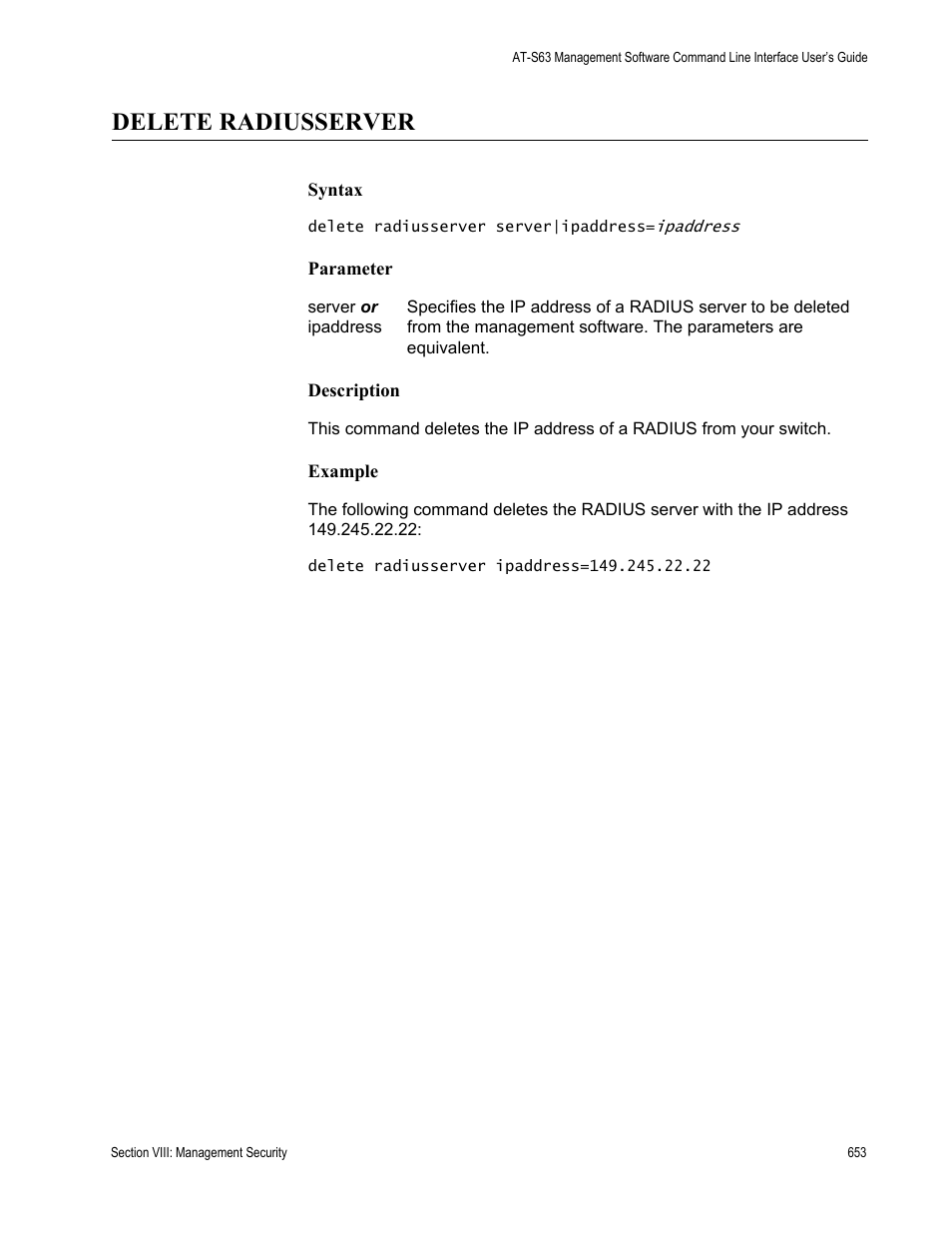 Delete radiusserver | Allied Telesis AT-S63 User Manual | Page 653 / 680