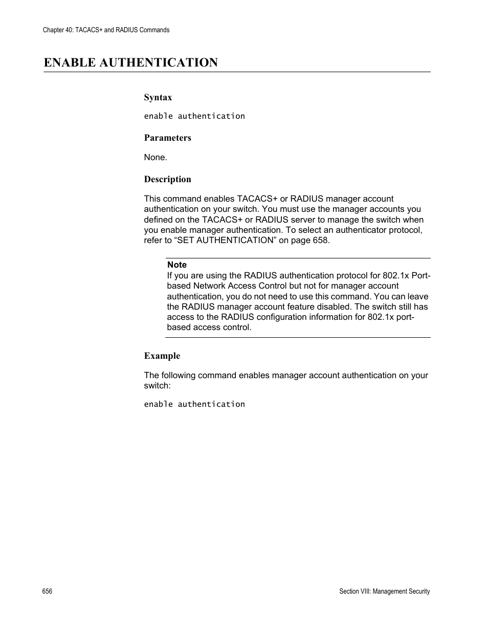 Enable authentication | Allied Telesis AT-S63 User Manual | Page 656 / 680