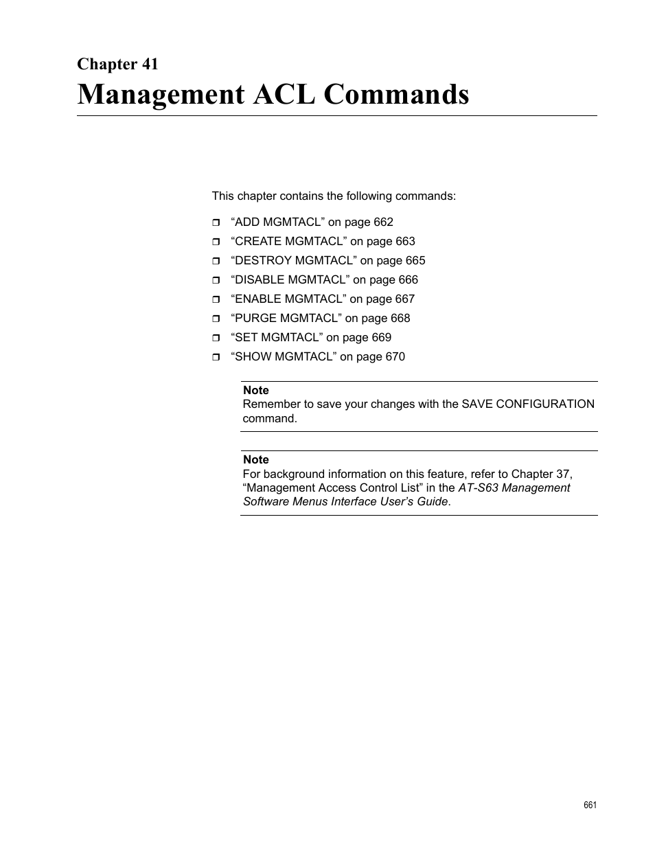 Chapter 41, Management acl commands | Allied Telesis AT-S63 User Manual | Page 661 / 680