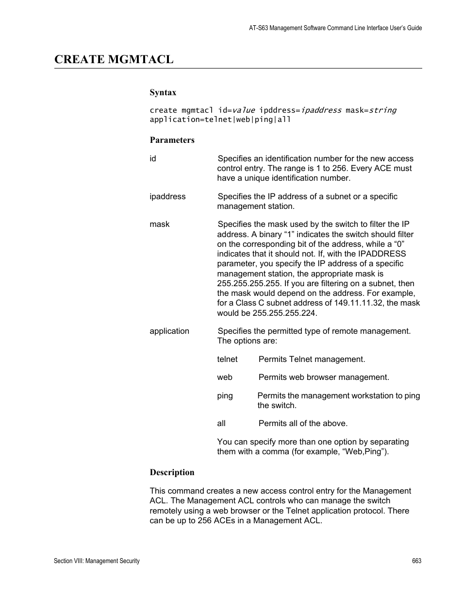 Create mgmtacl | Allied Telesis AT-S63 User Manual | Page 663 / 680