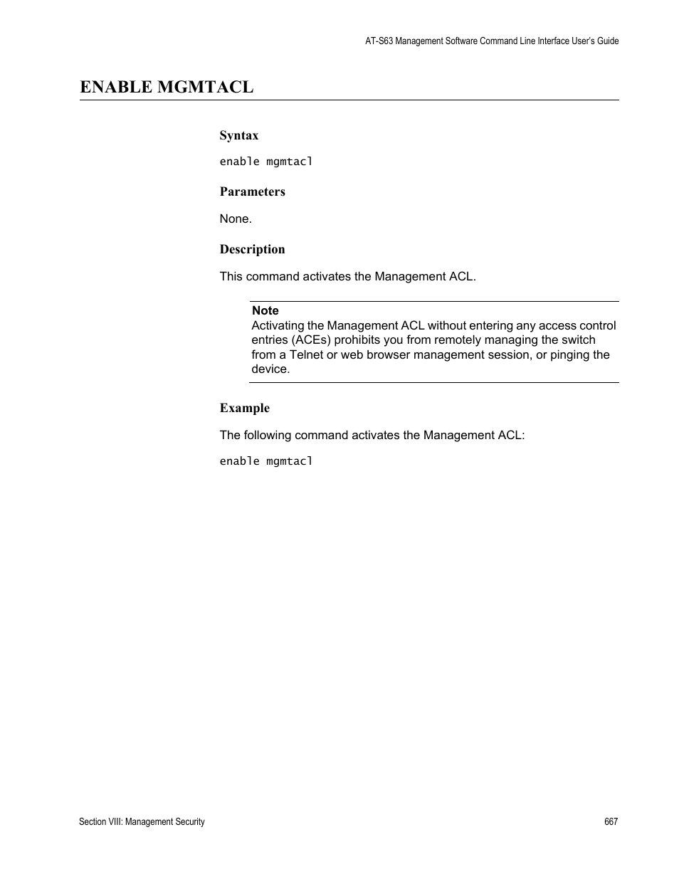 Enable mgmtacl | Allied Telesis AT-S63 User Manual | Page 667 / 680