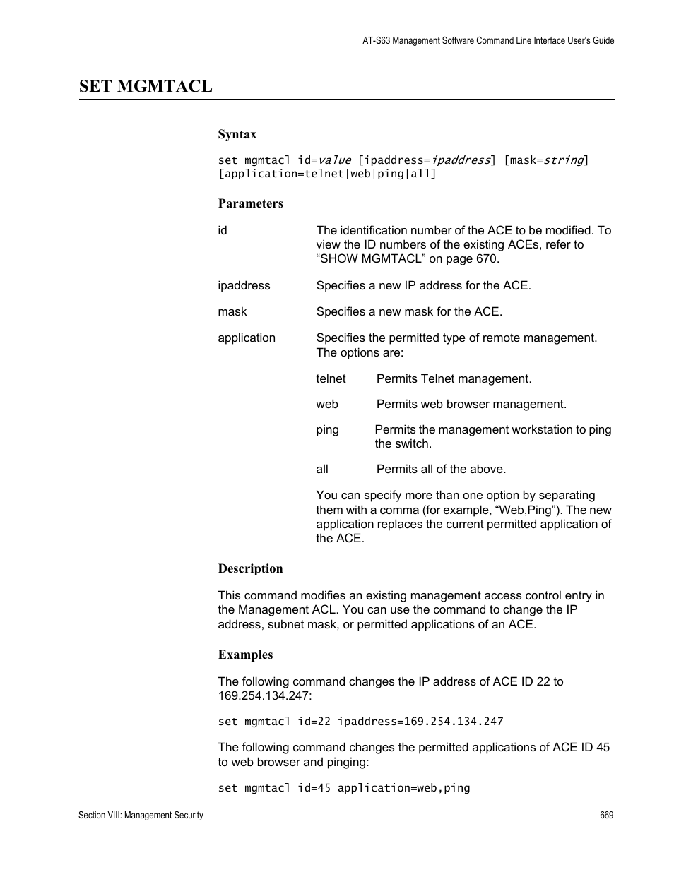 Set mgmtacl | Allied Telesis AT-S63 User Manual | Page 669 / 680