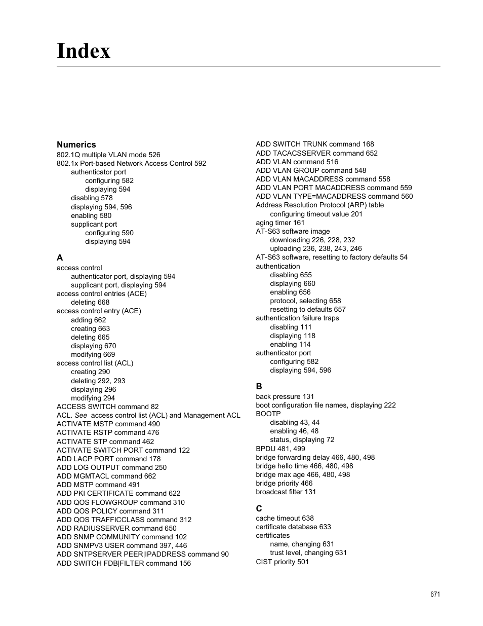 Index, Numerics | Allied Telesis AT-S63 User Manual | Page 671 / 680