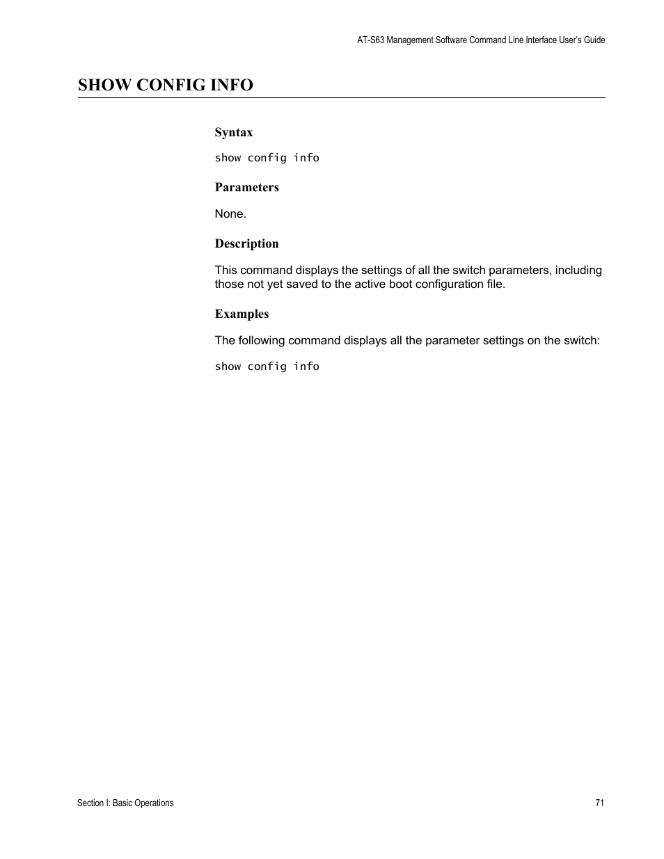 Show config info | Allied Telesis AT-S63 User Manual | Page 71 / 680