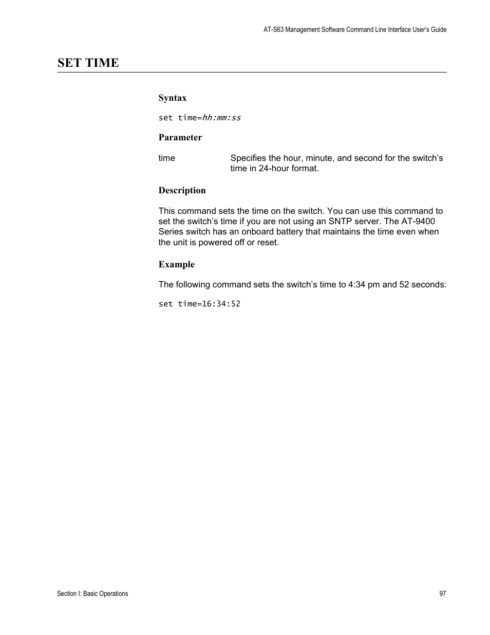 Set time | Allied Telesis AT-S63 User Manual | Page 97 / 680