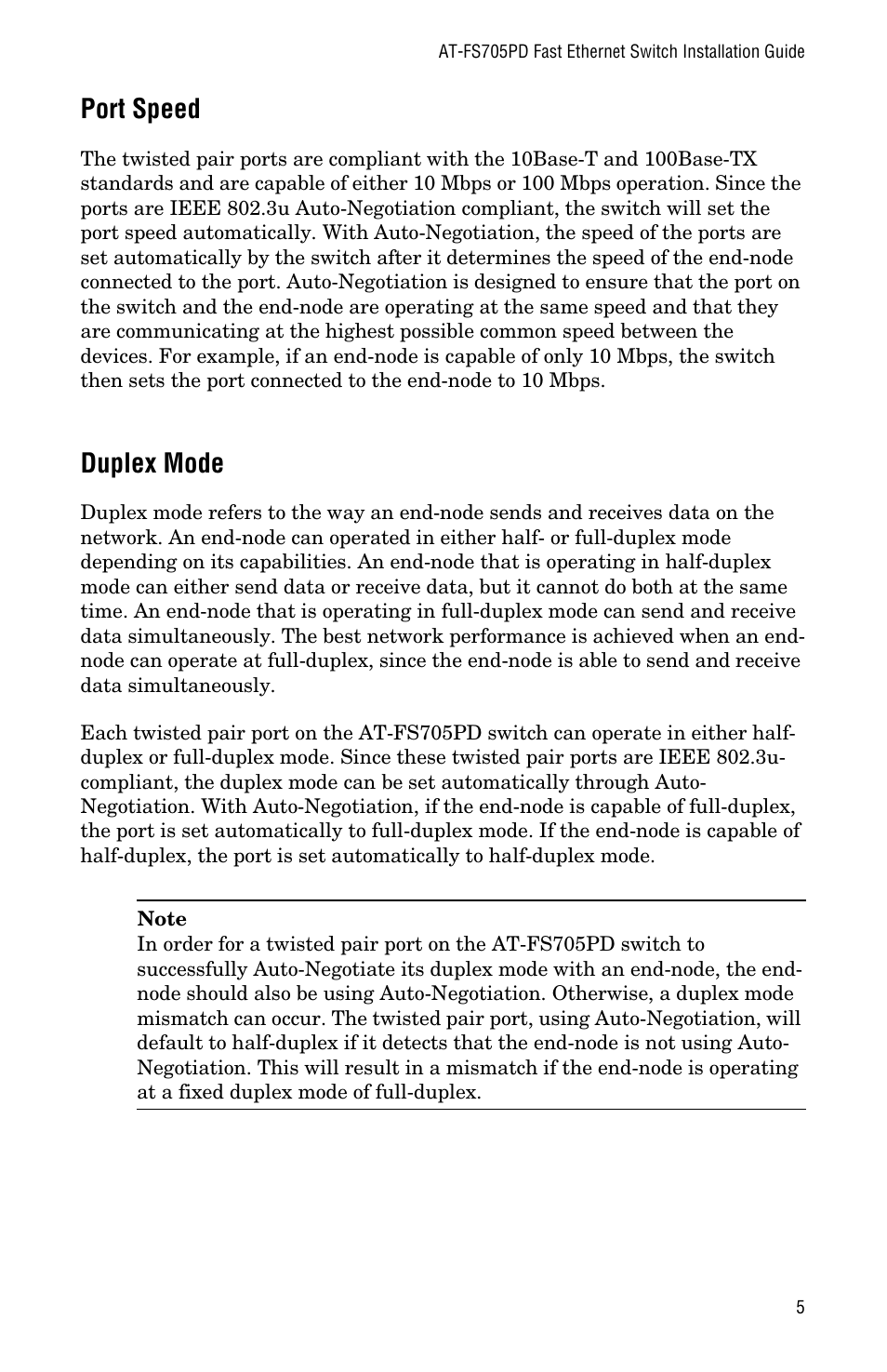 Port speed, Duplex mode, Port speed duplex mode | Allied Telesis AT-FS705PD User Manual | Page 13 / 48