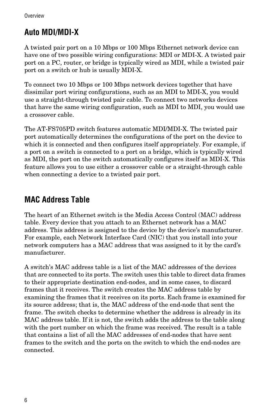 Auto mdi/mdi-x, Mac address table, Auto mdi/mdi-x mac address table | Allied Telesis AT-FS705PD User Manual | Page 14 / 48