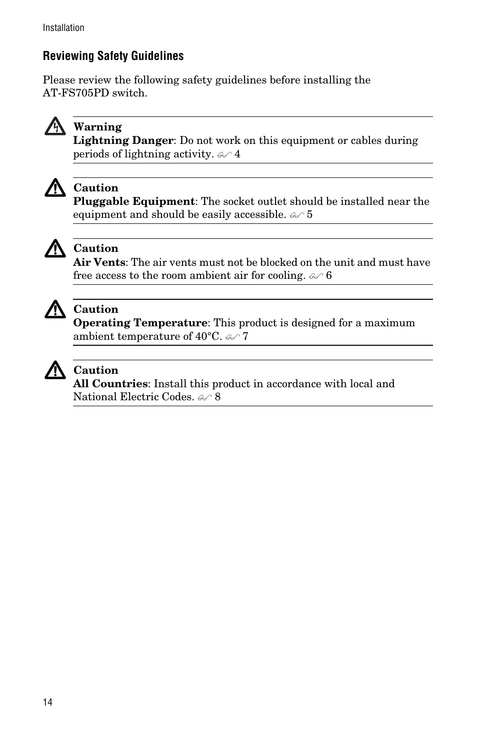 Reviewing safety guidelines | Allied Telesis AT-FS705PD User Manual | Page 22 / 48