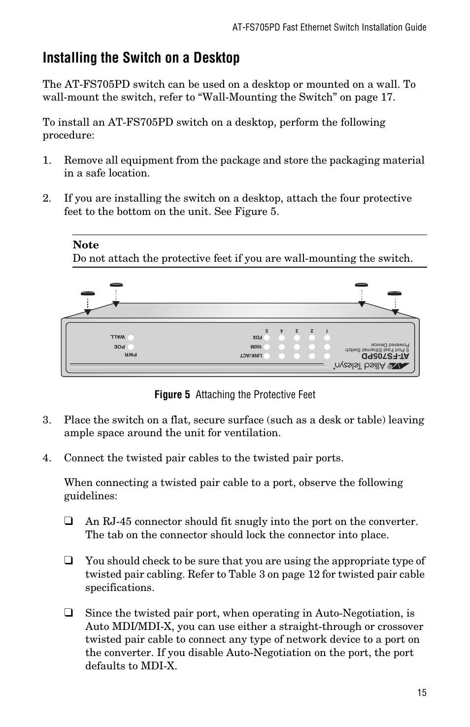 Installing the switch on a desktop | Allied Telesis AT-FS705PD User Manual | Page 23 / 48