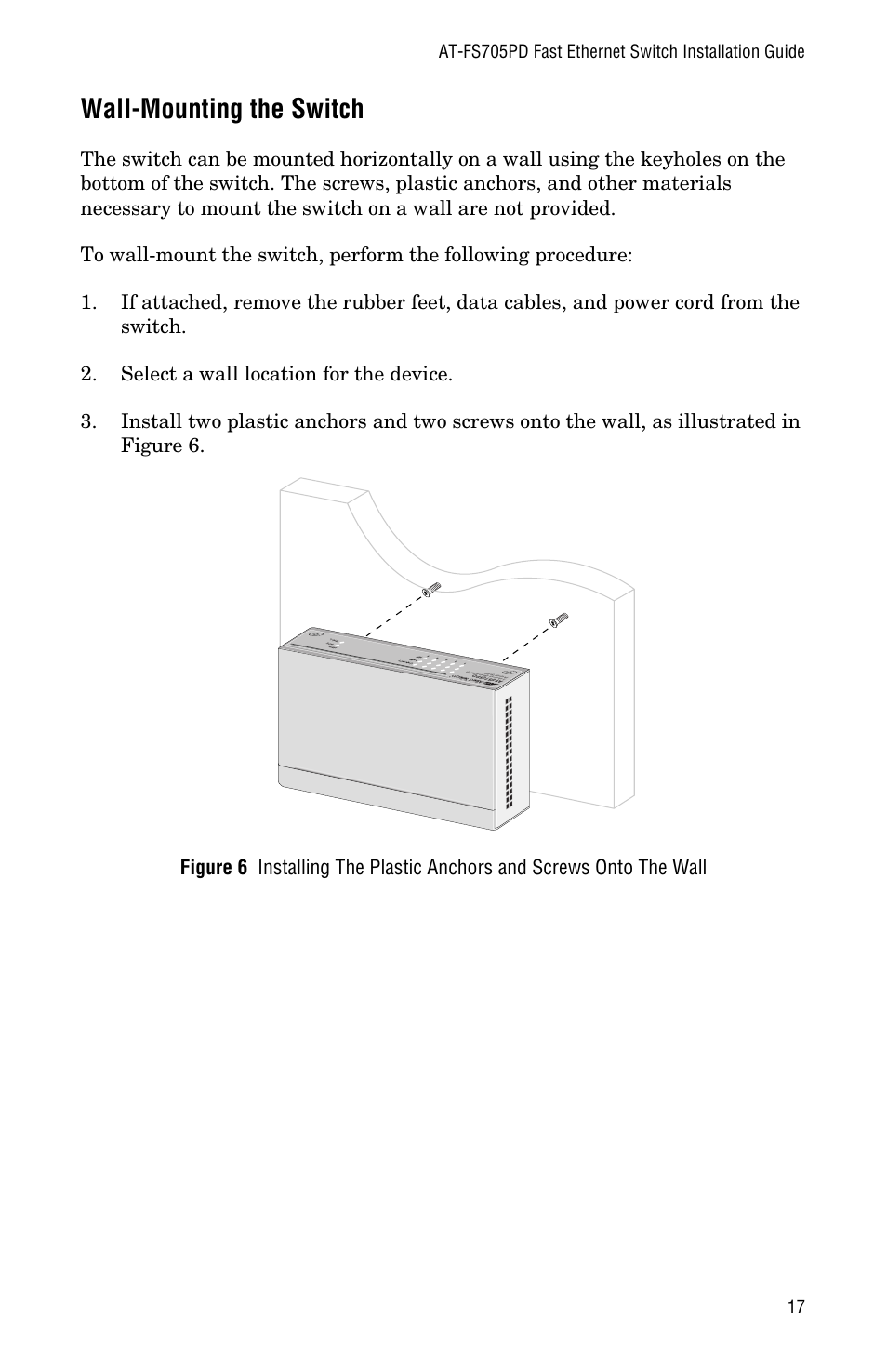 Wall-mounting the switch | Allied Telesis AT-FS705PD User Manual | Page 25 / 48