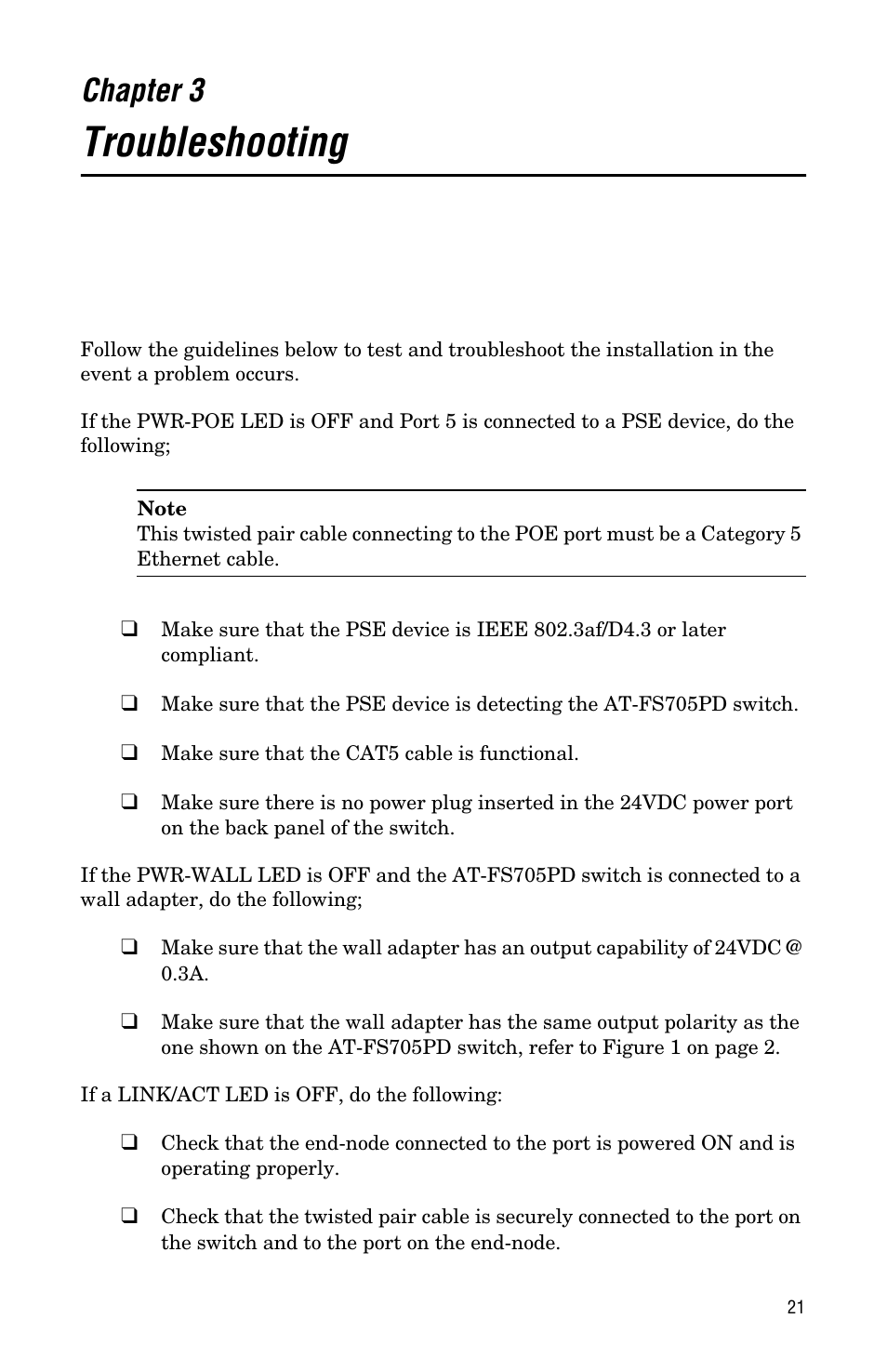 Chapter 3, Troubleshooting | Allied Telesis AT-FS705PD User Manual | Page 29 / 48