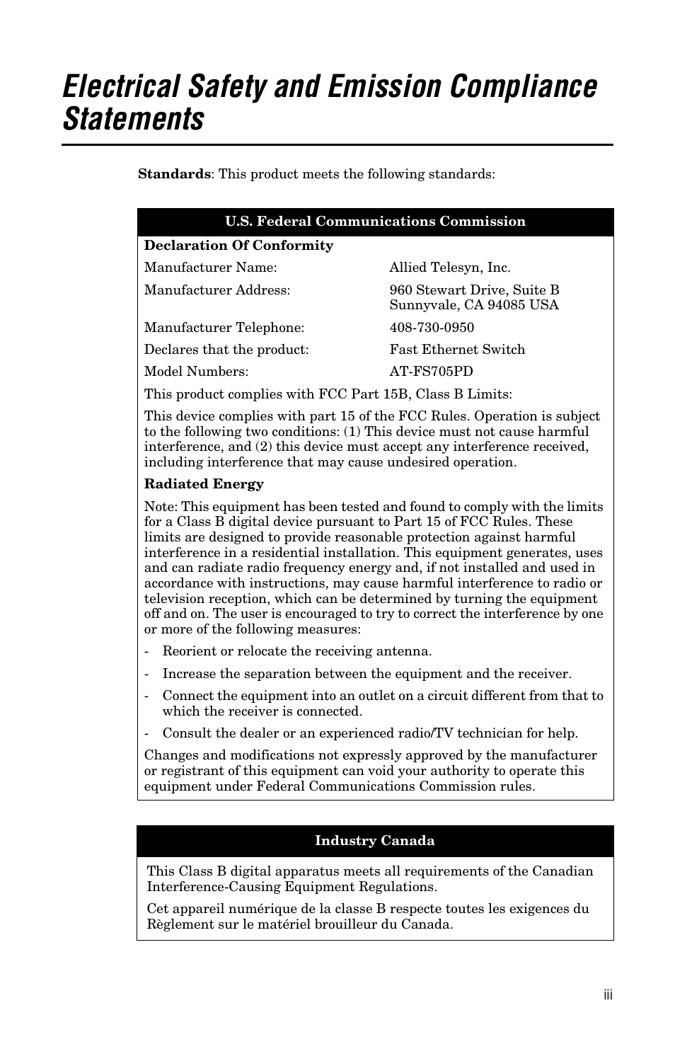 Allied Telesis AT-FS705PD User Manual | Page 3 / 48