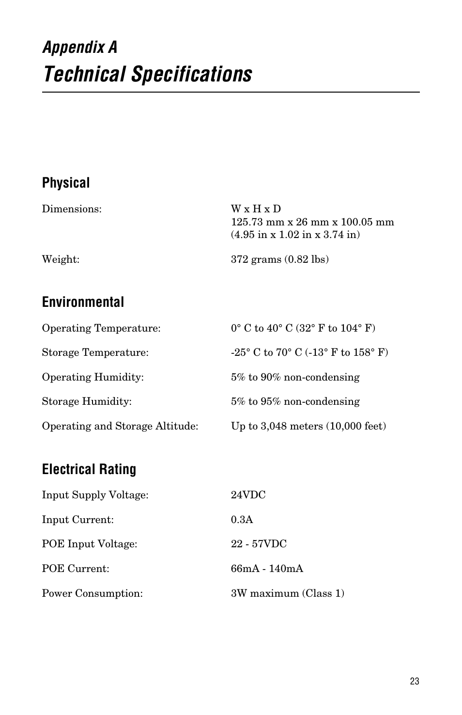 Appendix a, Technical specifications, Physical | Environmental, Electrical rating, Physical environmental electrical rating | Allied Telesis AT-FS705PD User Manual | Page 31 / 48