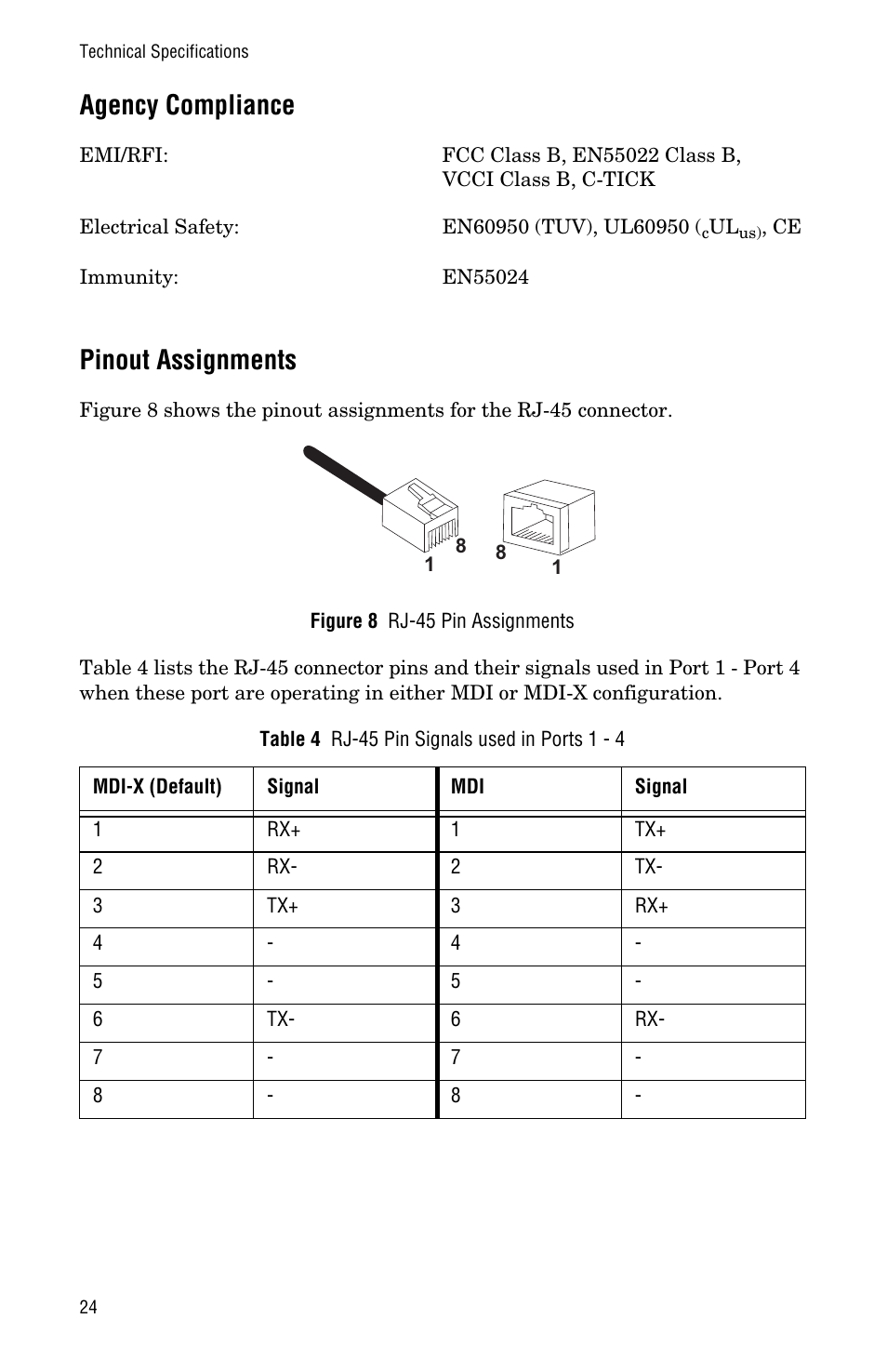 Agency compliance, Pinout assignments, Agency compliance pinout assignments | Allied Telesis AT-FS705PD User Manual | Page 32 / 48