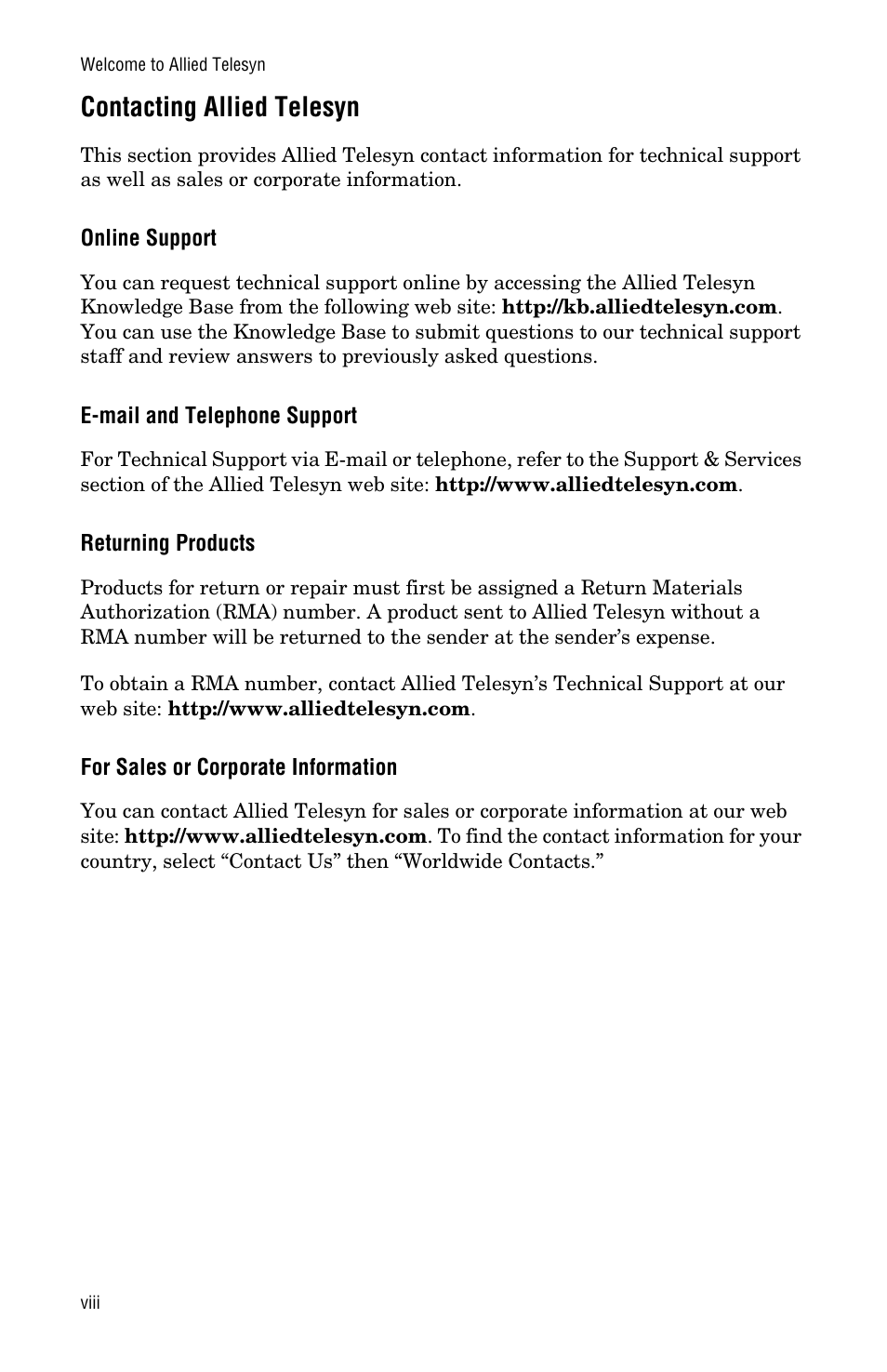 Contacting allied telesyn, Online support, E-mail and telephone support | Returning products, For sales or corporate information | Allied Telesis AT-FS705PD User Manual | Page 8 / 48