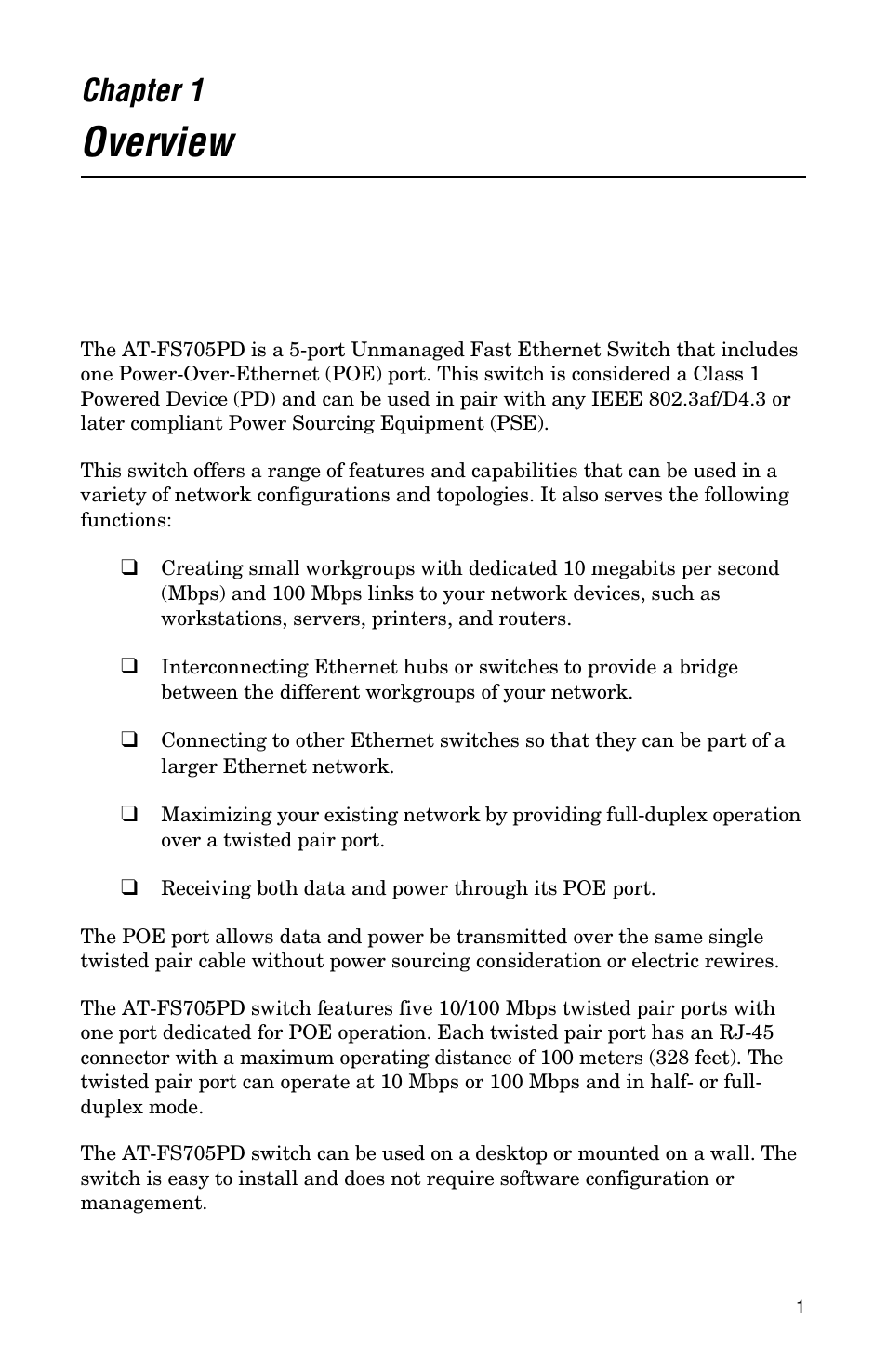 Chapter 1, Overview | Allied Telesis AT-FS705PD User Manual | Page 9 / 48