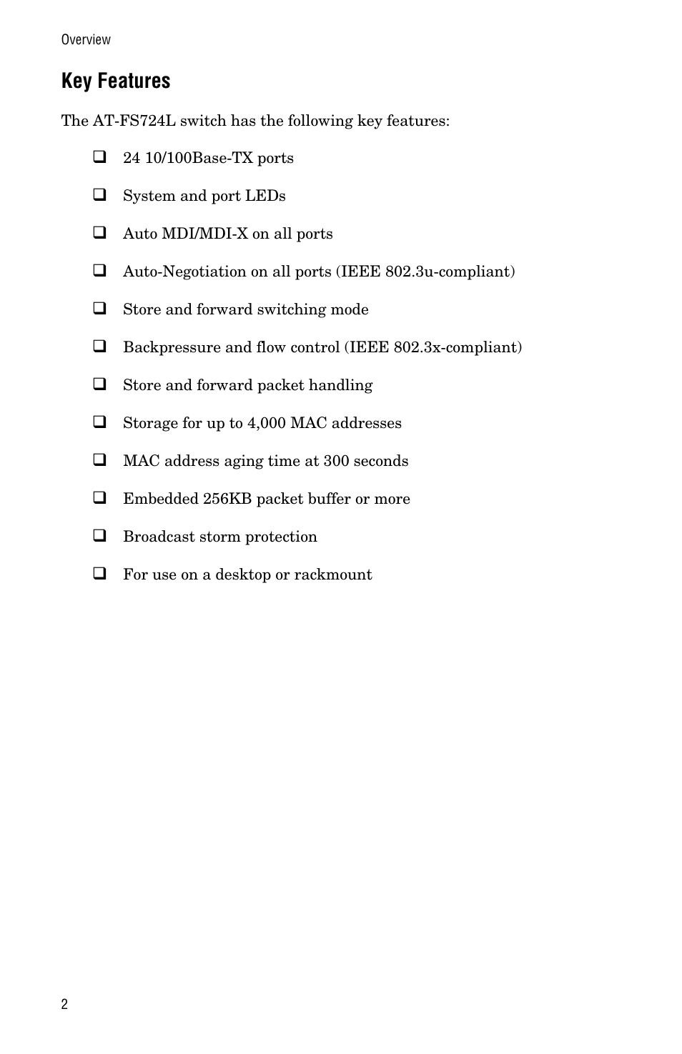 Key features | Allied Telesis AT-FS724L User Manual | Page 10 / 46