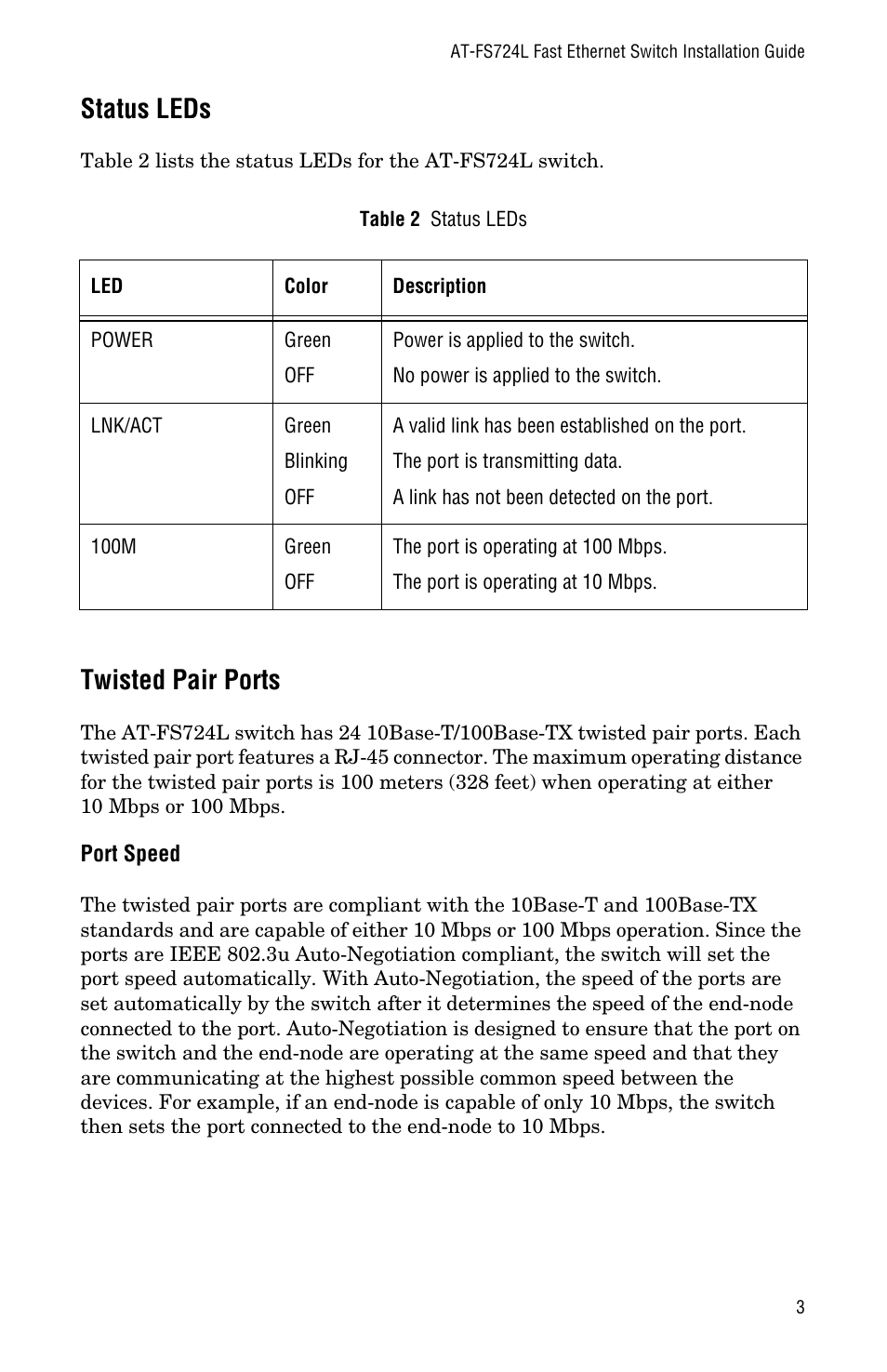 Status leds twisted pair ports, Port speed, Status leds | Twisted pair ports | Allied Telesis AT-FS724L User Manual | Page 11 / 46