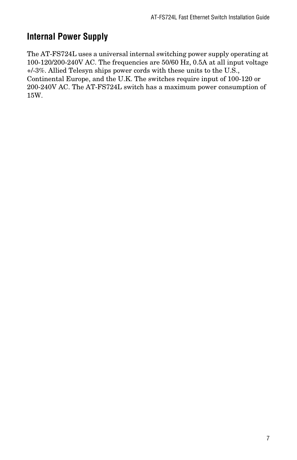 Internal power supply | Allied Telesis AT-FS724L User Manual | Page 15 / 46