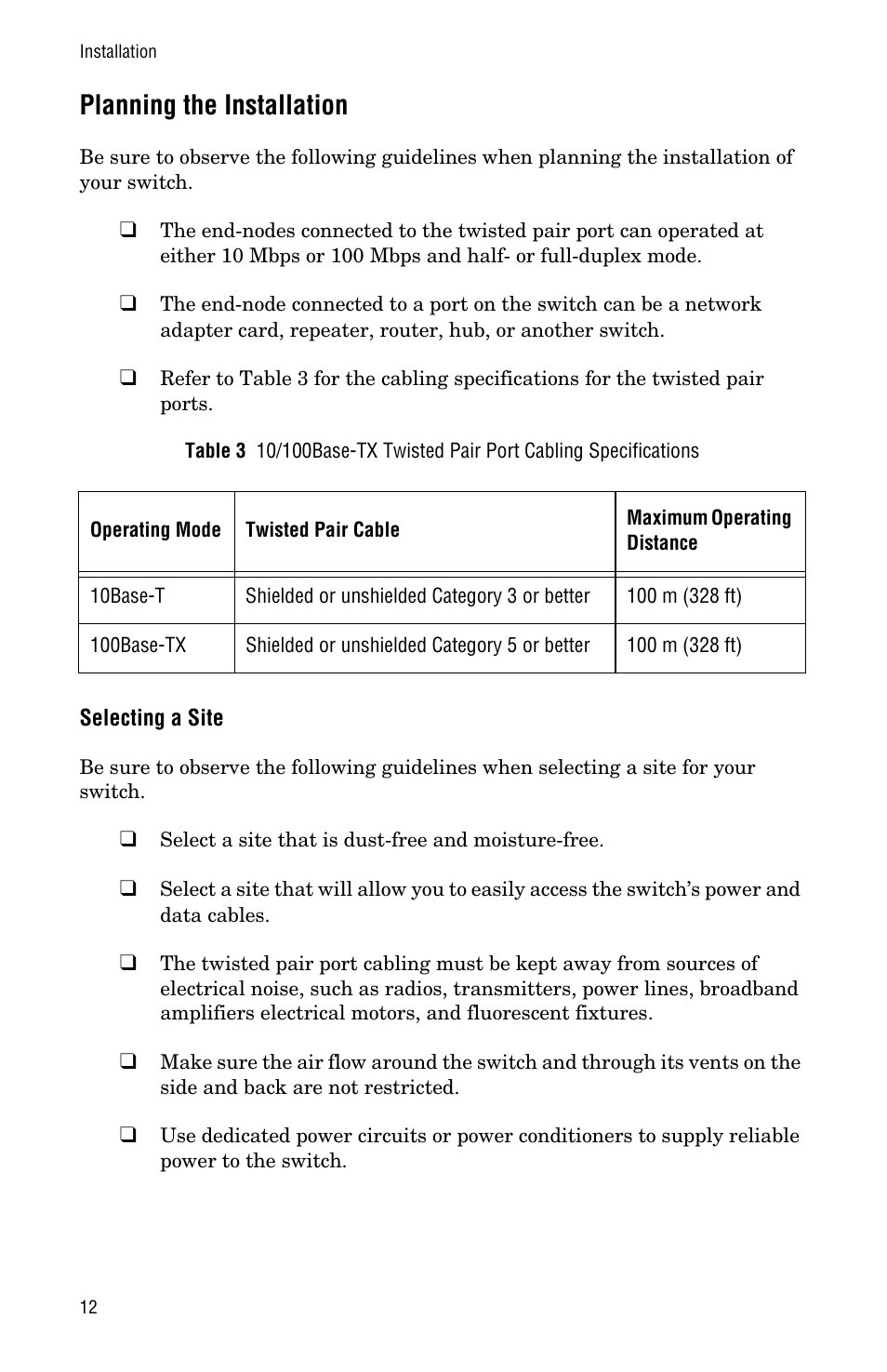 Planning the installation, Selecting a site | Allied Telesis AT-FS724L User Manual | Page 20 / 46